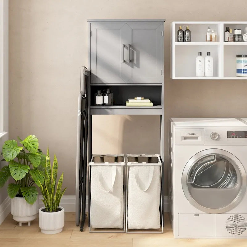 Meuble de rangement gris moderne à placer au-dessus des toilettes, avec 2 étagères et portes