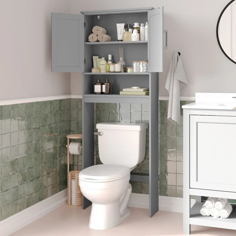 Meuble de rangement gris moderne à placer au-dessus des toilettes, avec 2 étagères et portes