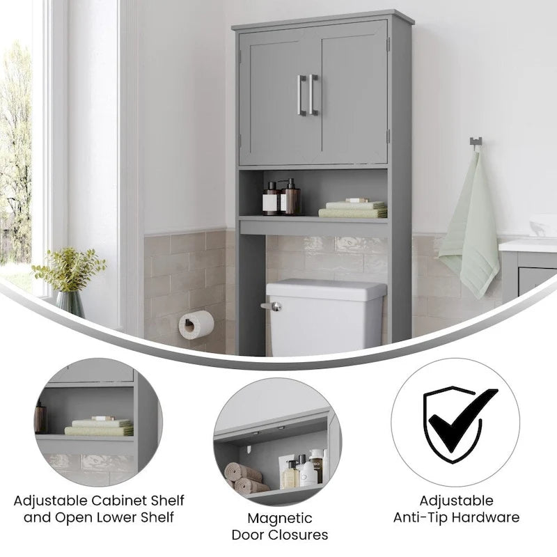 Meuble de rangement gris moderne à placer au-dessus des toilettes, avec 2 étagères et portes