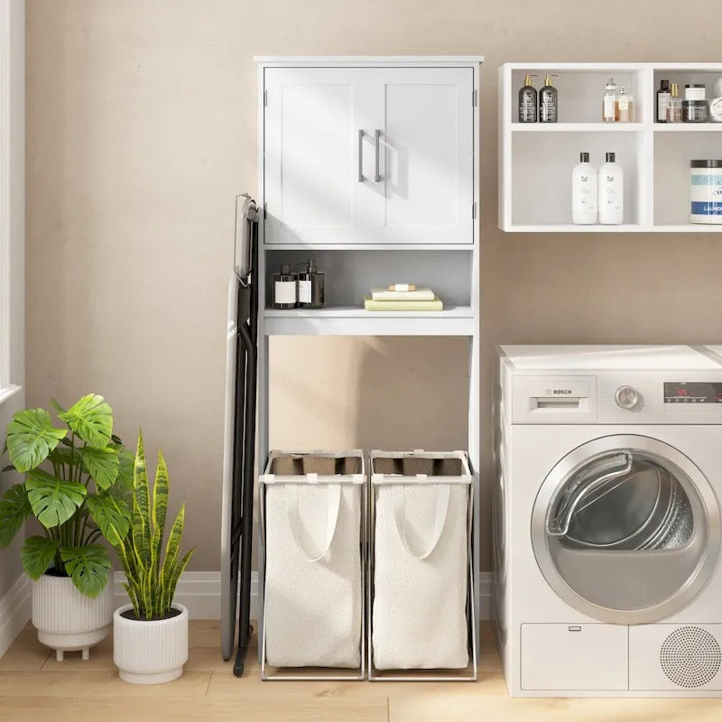 Meuble de rangement gris moderne à placer au-dessus des toilettes, avec 2 étagères et portes