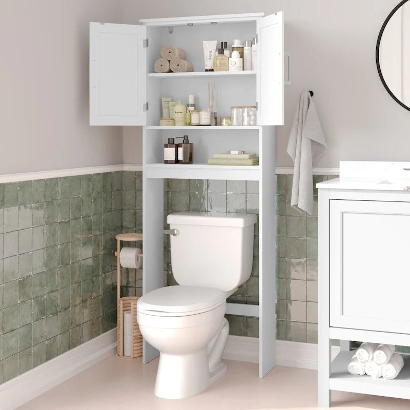 Meuble de rangement gris moderne à placer au-dessus des toilettes, avec 2 étagères et portes