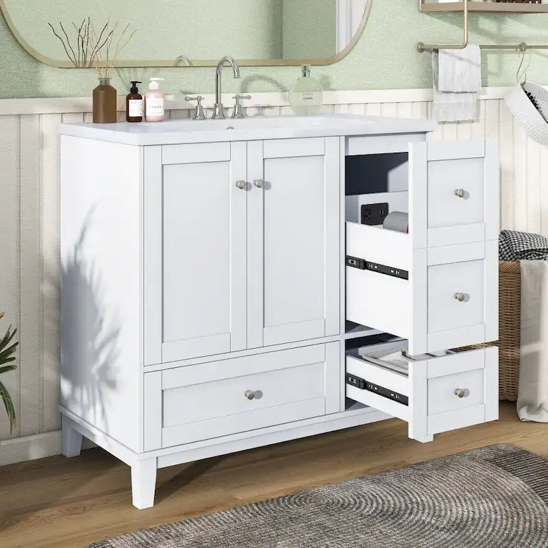 Meuble-lavabo moderne de 91 cm (36 pouces) avec port USB et plan de travail en résine.