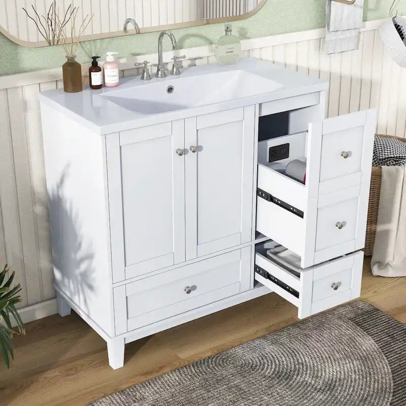 Meuble-lavabo moderne de 91 cm (36 pouces) avec port USB et plan de travail en résine.