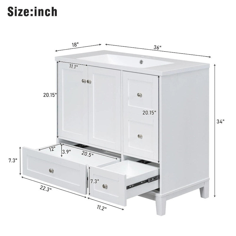 Meuble-lavabo moderne de 91 cm (36 pouces) avec port USB et plan de travail en résine.