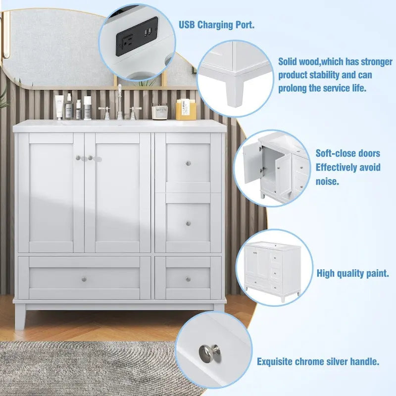 Meuble-lavabo moderne de 91 cm (36 pouces) avec port USB et plan de travail en résine.