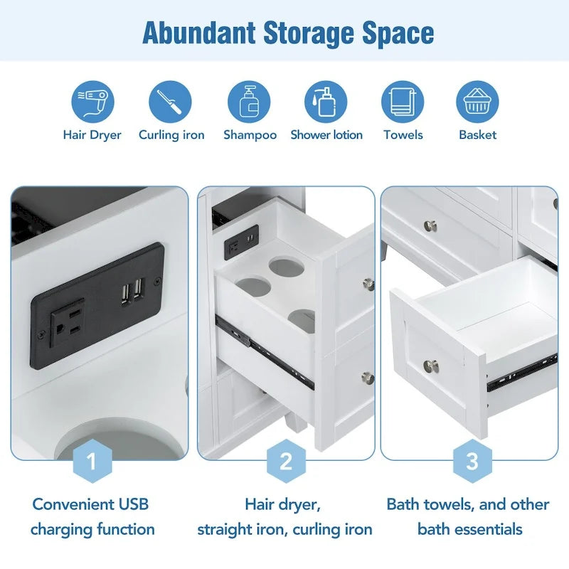Meuble-lavabo moderne de 91 cm (36 pouces) avec port USB et plan de travail en résine.