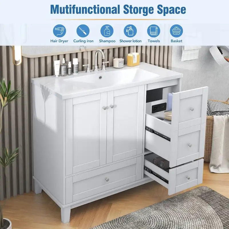 Meuble-lavabo moderne de 91 cm (36 pouces) avec port USB et plan de travail en résine.