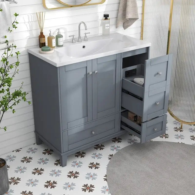 Meuble-lavabo moderne de 91 cm (36 pouces) avec port USB et plan de travail en résine.