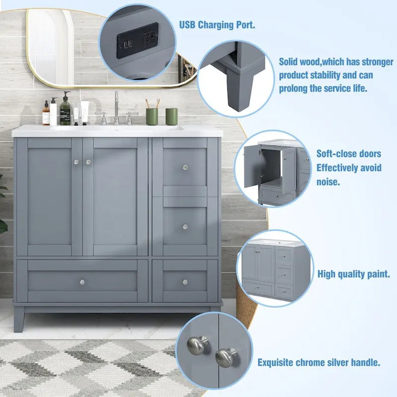 Meuble-lavabo moderne de 91 cm (36 pouces) avec port USB et plan de travail en résine.