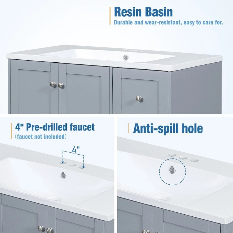 Meuble-lavabo moderne de 91 cm (36 pouces) avec port USB et plan de travail en résine.