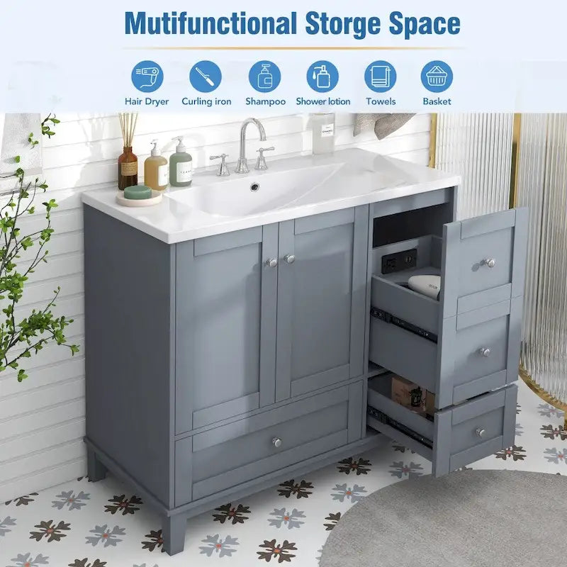 Meuble-lavabo moderne de 91 cm (36 pouces) avec port USB et plan de travail en résine.
