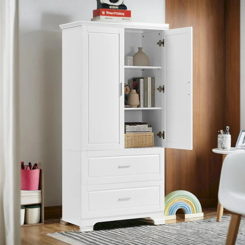 Meuble de rangement de salle de bain de 63 cm de haut, avec deux portes et tiroirs, étagère réglable, panneaux MDF, blanc