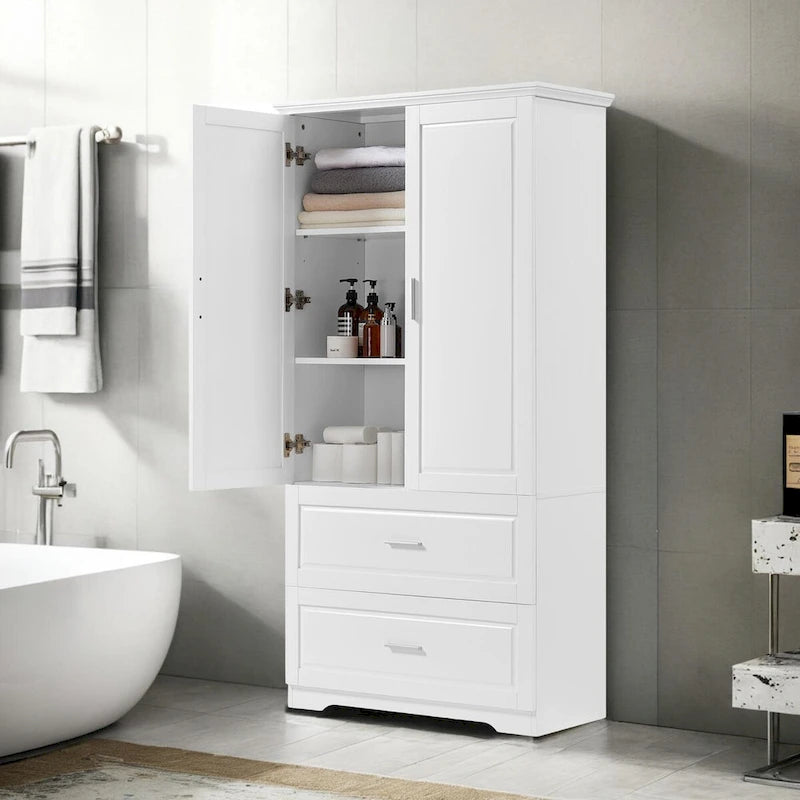 Meuble de rangement de salle de bain de 63 cm de haut, avec deux portes et tiroirs, étagère réglable, panneaux MDF, blanc