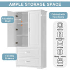 Meuble de rangement de salle de bain de 63 cm de haut, avec deux portes et tiroirs, étagère réglable, panneaux MDF, blanc