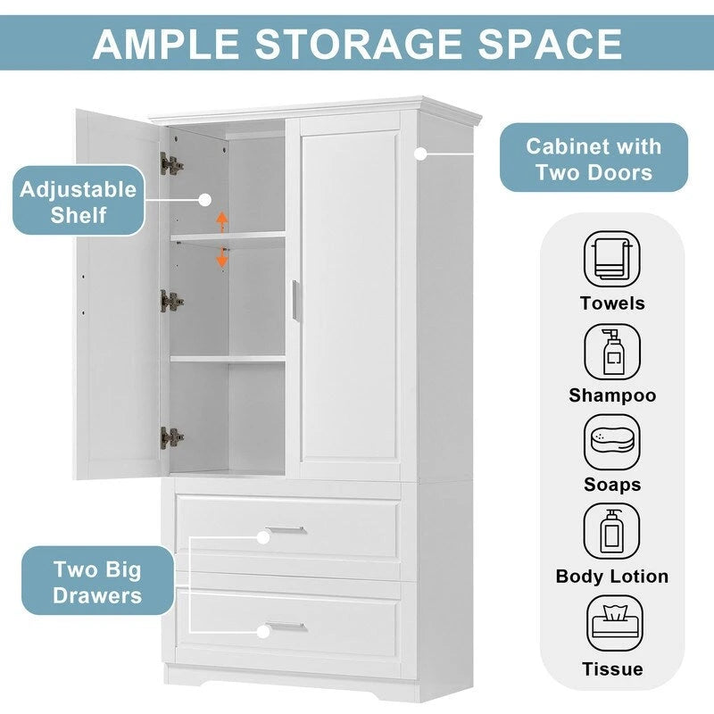 Meuble de rangement de salle de bain de 63 cm de haut, avec deux portes et tiroirs, étagère réglable, panneaux MDF, blanc