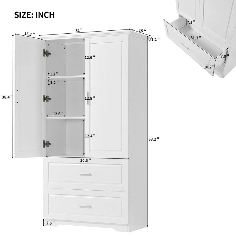 Meuble de rangement de salle de bain de 63 cm de haut, avec deux portes et tiroirs, étagère réglable, panneaux MDF, blanc