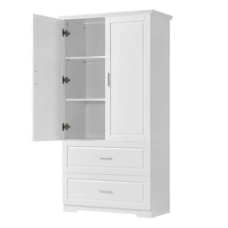 Meuble de rangement de salle de bain de 63 cm de haut, avec deux portes et tiroirs, étagère réglable, panneaux MDF, blanc