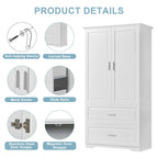 Meuble de rangement de salle de bain de 63 cm de haut, avec deux portes et tiroirs, étagère réglable, panneaux MDF, blanc