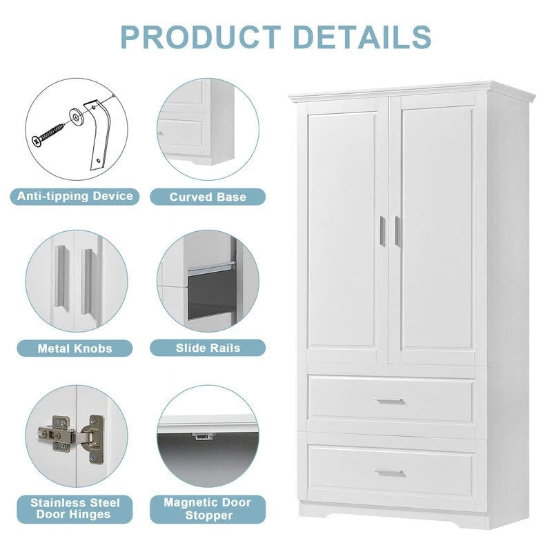 Meuble de rangement de salle de bain de 63 cm de haut, avec deux portes et tiroirs, étagère réglable, panneaux MDF, blanc