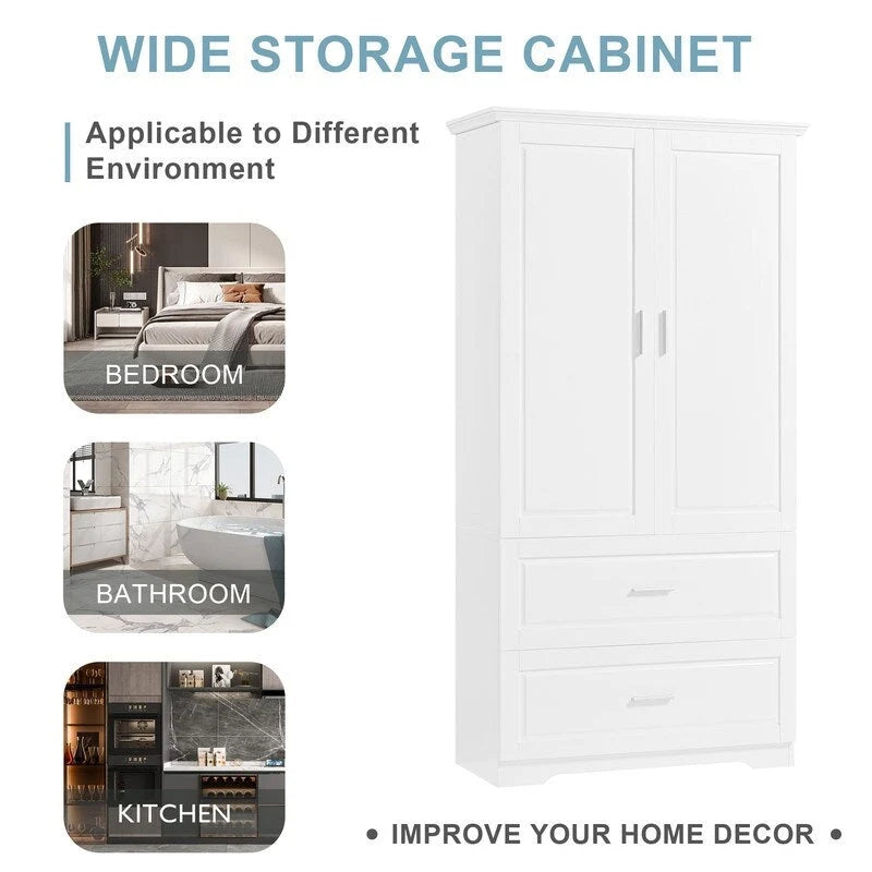 Meuble de rangement de salle de bain de 63 cm de haut, avec deux portes et tiroirs, étagère réglable, panneaux MDF, blanc