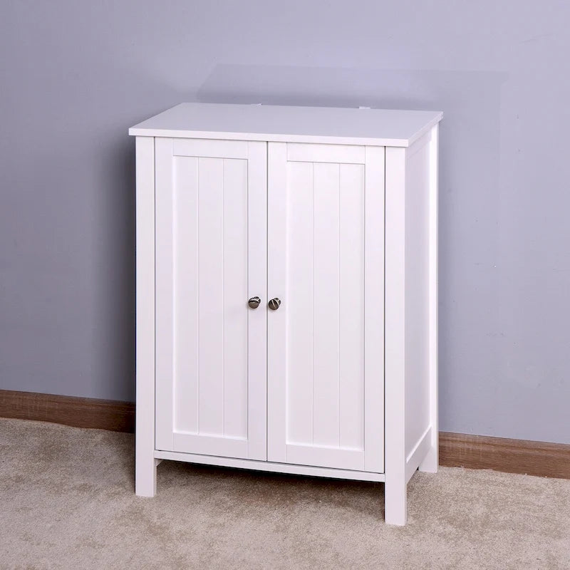 Armoire de rangement au sol pour salle de bain avec double porte et étagère réglable, blanche