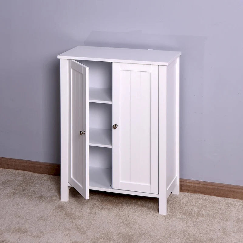 Armoire de rangement au sol pour salle de bain avec double porte et étagère réglable, blanche
