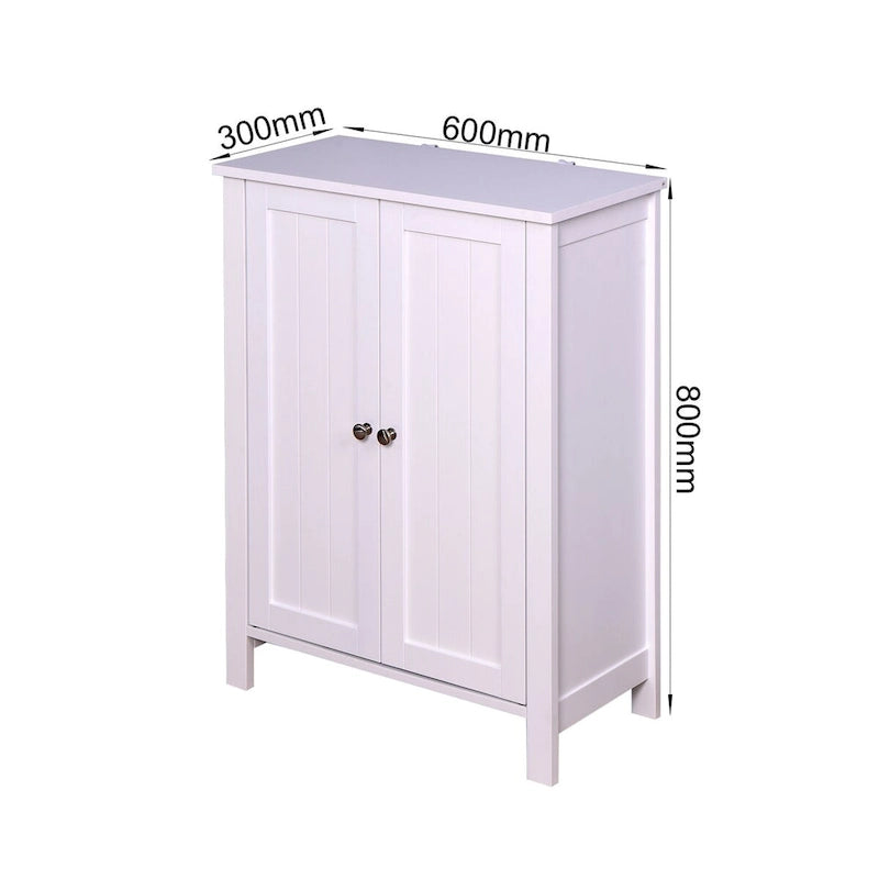 Armoire de rangement au sol pour salle de bain avec double porte et étagère réglable, blanche