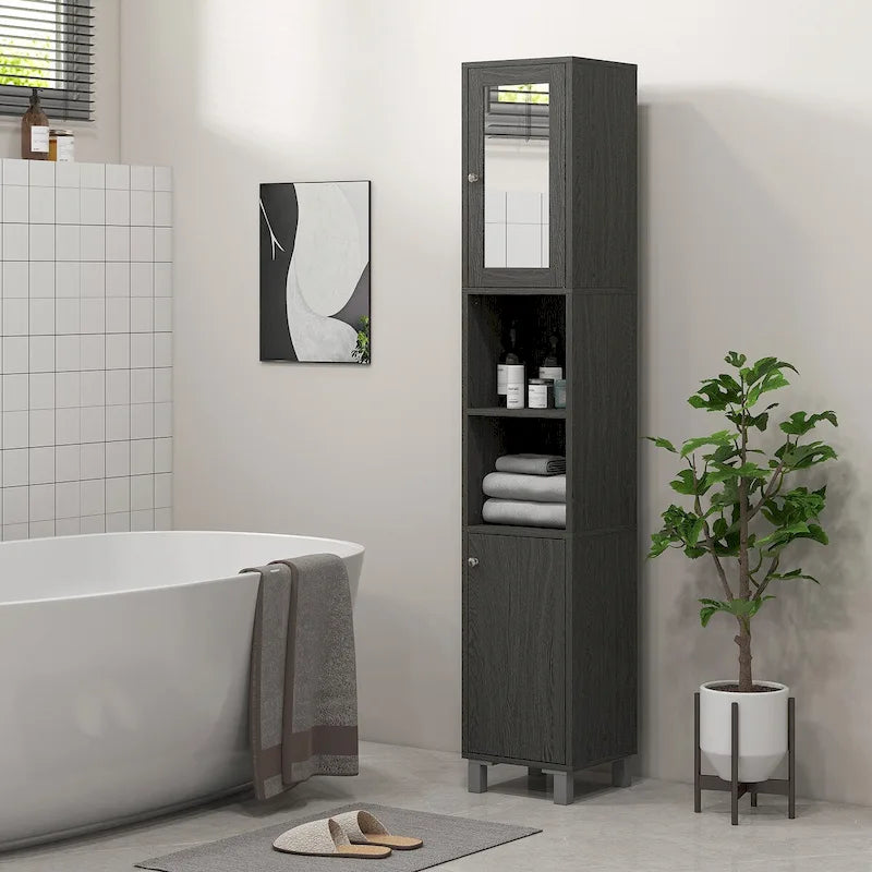 Armoire de rangement haute pour salle de bain Kleankin avec miroir, colonne de rangement autoportante en bois avec étagères réglables pour salle de bain