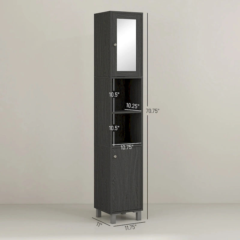 Armoire de rangement haute pour salle de bain Kleankin avec miroir, colonne de rangement autoportante en bois avec étagères réglables pour salle de bain