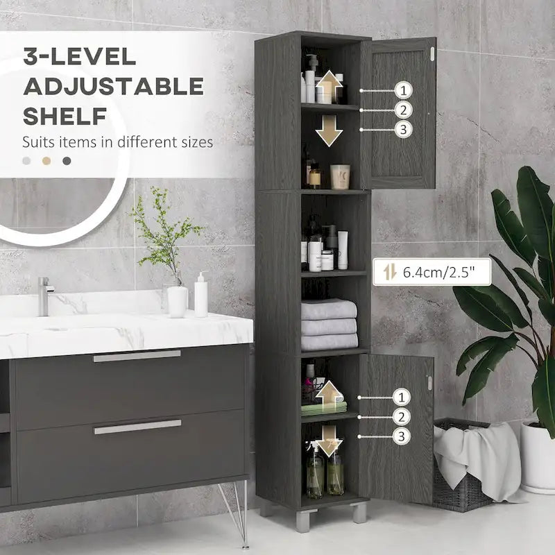 Armoire de rangement haute pour salle de bain Kleankin avec miroir, colonne de rangement autoportante en bois avec étagères réglables pour salle de bain