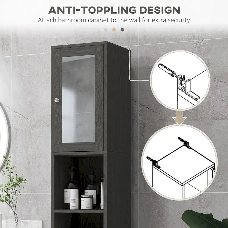 Armoire de rangement haute pour salle de bain Kleankin avec miroir, colonne de rangement autoportante en bois avec étagères réglables pour salle de bain