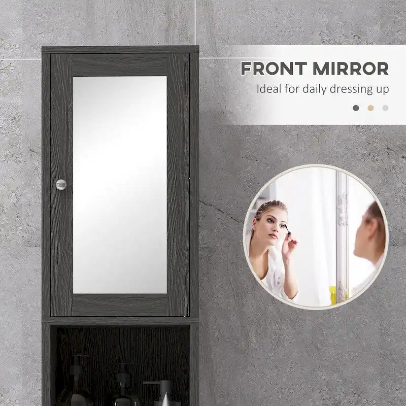 Armoire de rangement haute pour salle de bain Kleankin avec miroir, colonne de rangement autoportante en bois avec étagères réglables pour salle de bain