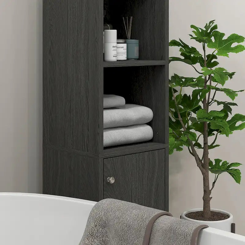 Armoire de rangement haute pour salle de bain Kleankin avec miroir, colonne de rangement autoportante en bois avec étagères réglables pour salle de bain