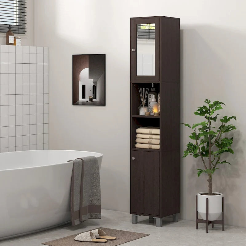 Armoire de rangement haute pour salle de bain Kleankin avec miroir, colonne de rangement autoportante en bois avec étagères réglables pour salle de bain