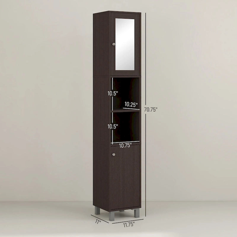 Armoire de rangement haute pour salle de bain Kleankin avec miroir, colonne de rangement autoportante en bois avec étagères réglables pour salle de bain