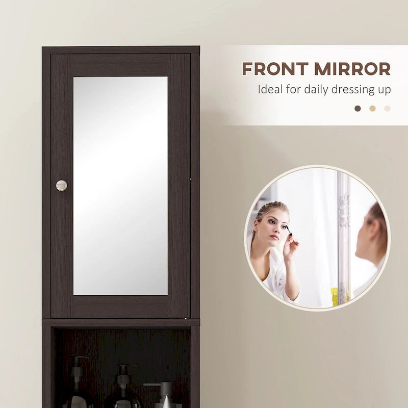 Armoire de rangement haute pour salle de bain Kleankin avec miroir, colonne de rangement autoportante en bois avec étagères réglables pour salle de bain