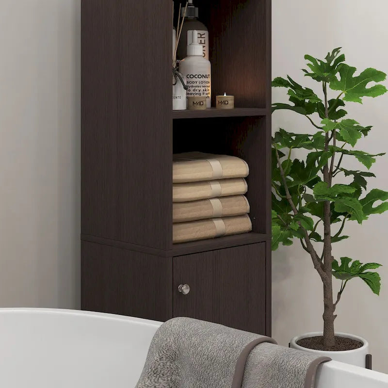 Armoire de rangement haute pour salle de bain Kleankin avec miroir, colonne de rangement autoportante en bois avec étagères réglables pour salle de bain