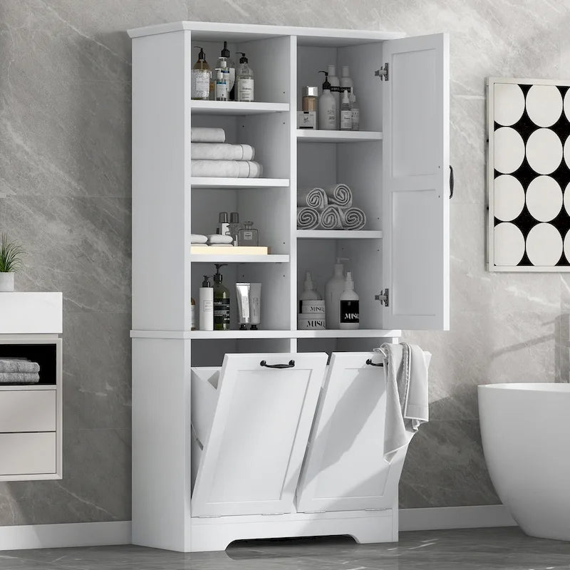Meuble de rangement pour salle de bain avec tiroirs, panier à linge basculant, multiples espaces de rangement, étagère ouverte, étagère réglable