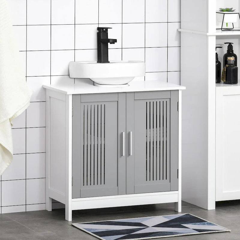 Meuble sous-évier à 2 portes, meuble de salle de bain sur colonne avec étagères réglables