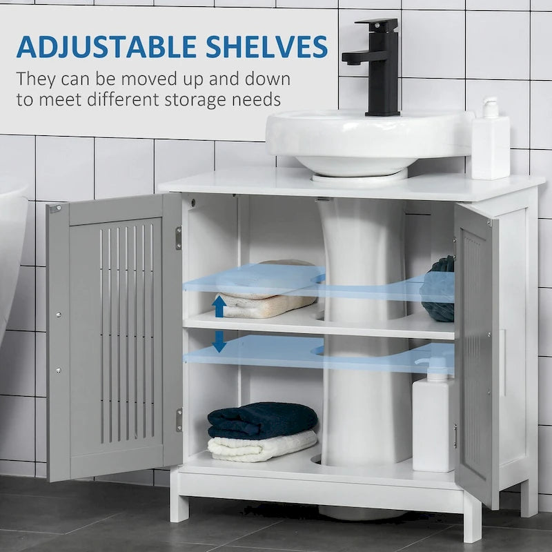 Meuble sous-évier à 2 portes, meuble de salle de bain sur colonne avec étagères réglables