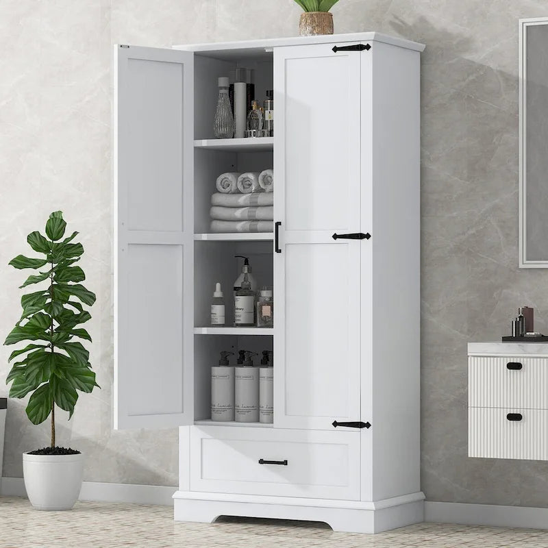 Armoire de rangement haute pour salle de bain, meuble à deux portes et un tiroir, étagère réglable, panneau MDF, blanc