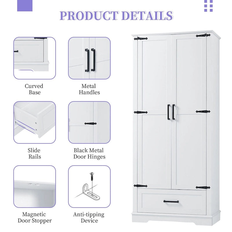 Armoire de rangement haute pour salle de bain, meuble à deux portes et un tiroir, étagère réglable, panneau MDF, blanc
