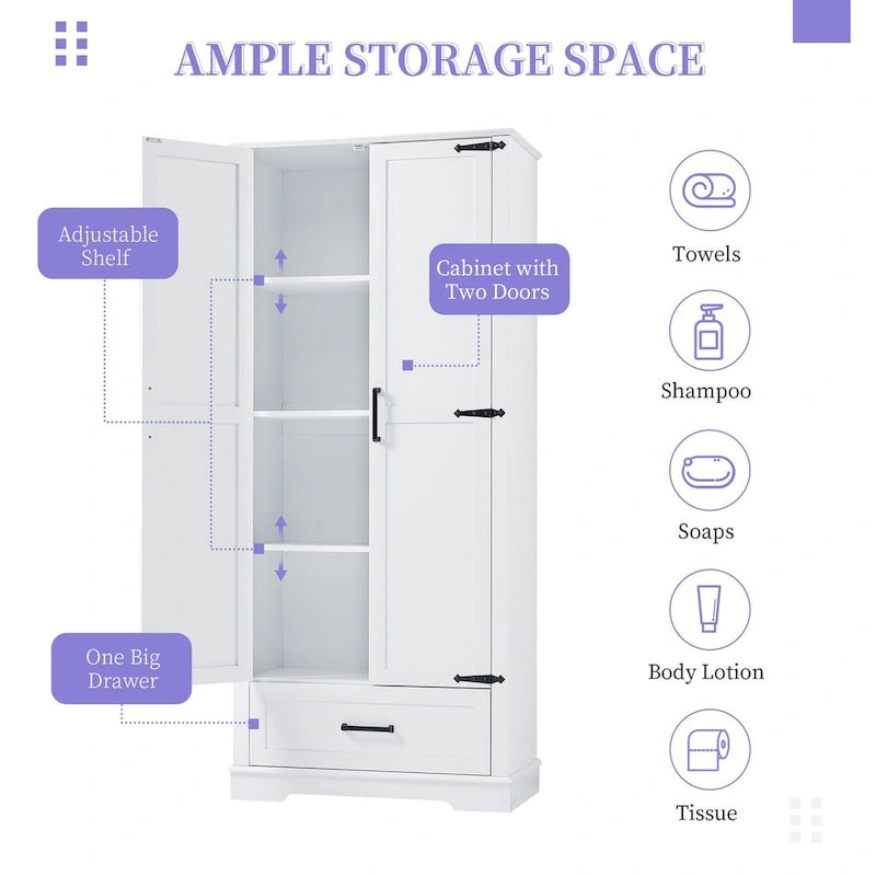 Armoire de rangement haute pour salle de bain, meuble à deux portes et un tiroir, étagère réglable, panneau MDF, blanc