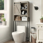 Meuble de rangement à installer au-dessus des toilettes, organisateur de salle de bain avec porte coulissante de style grange et étagères réglables, support de rangement - Voir photo
