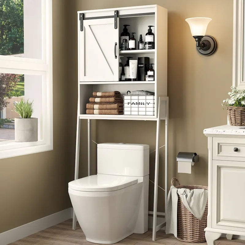 Meuble de rangement à installer au-dessus des toilettes, organisateur de salle de bain avec porte coulissante de style grange et étagères réglables, support de rangement - Voir photo