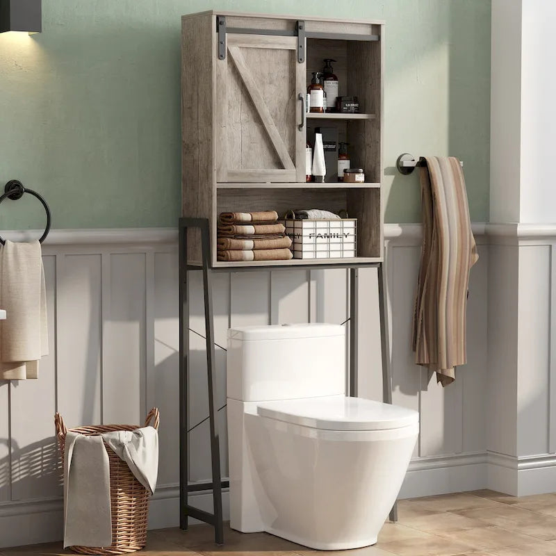 Meuble de rangement à installer au-dessus des toilettes, organisateur de salle de bain avec porte coulissante de style grange et étagères réglables, support de rangement - Voir photo