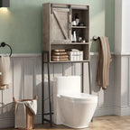 Meuble de rangement à installer au-dessus des toilettes, organisateur de salle de bain avec porte coulissante de style grange et étagères réglables, support de rangement - Voir photo