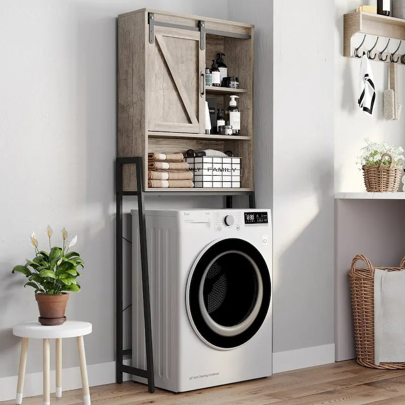 Meuble de rangement à installer au-dessus des toilettes, organisateur de salle de bain avec porte coulissante de style grange et étagères réglables, support de rangement - Voir photo