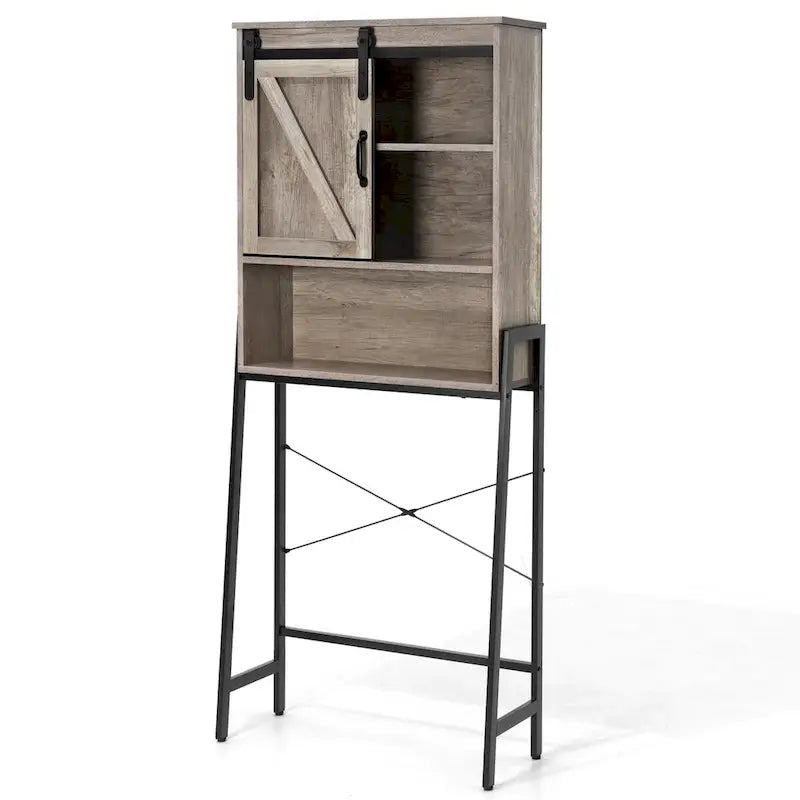 Meuble de rangement à installer au-dessus des toilettes, organisateur de salle de bain avec porte coulissante de style grange et étagères réglables, support de rangement - Voir photo