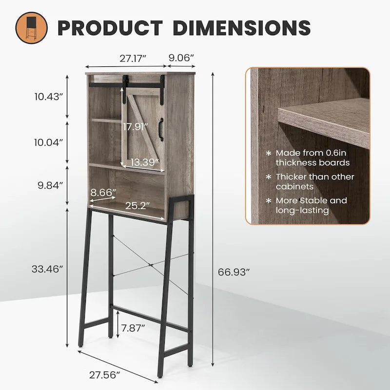 Meuble de rangement à installer au-dessus des toilettes, organisateur de salle de bain avec porte coulissante de style grange et étagères réglables, support de rangement - Voir photo